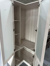 Cargar imagen en el visor de la galería, L-Shape Wardrobe Armoire Closet with Hanging Rod & Shelf, Bedroom Armoire with Frosted Glass Doors, Clothes Wardrobe with Gold Knob, Wood Grain