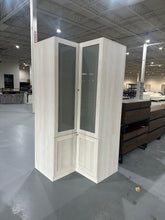 Cargar imagen en el visor de la galería, L-Shape Wardrobe Armoire Closet with Hanging Rod & Shelf, Bedroom Armoire with Frosted Glass Doors, Clothes Wardrobe with Gold Knob, Wood Grain