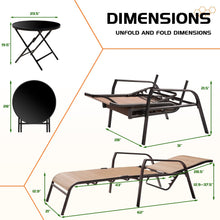 Cargar imagen en el visor de la galería, Adjustable Patio Chaise Lounge Set 3 Pieces Textiline Outdoor Foldable Metal Reclining Chairs with Sturdy Glass Top Bistro Table for Beach, Poolside, Backyard, Porch (Beige)