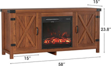Cargar imagen en el visor de la galería, Fireplace TV Stand with Double Barn Doors Storage Cabinets for TVs to 65+ Inch, Farmhouse TV Entertainment Centerwith Cabinet and Shelves for Living Room (Walnut, with Fireplace)