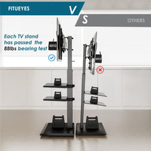 Cargar imagen en el visor de la galería, FITUEYES Iron Base Universal Floor TV Stand with Swivel Mount Space Saving for 32-65 Inch LED LCD OLED Plasma Flat Panel or Curved Screen TVs Height Adjustable Wire Management with 2 Shelves Black