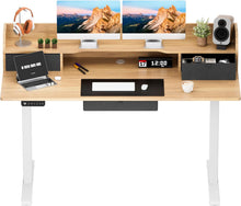 Load image into Gallery viewer, Height Adjustable Electric Standing Desk with Triple Drawers 55 x 24 Inches Stand Up Desk with Large Storage Shelf Memory Preset Sit Stand Desk, Maple

