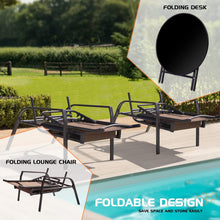 Cargar imagen en el visor de la galería, Adjustable Patio Chaise Lounge Set 3 Pieces Textiline Outdoor Foldable Metal Reclining Chairs with Sturdy Glass Top Bistro Table for Beach, Poolside, Backyard, Porch (Beige)