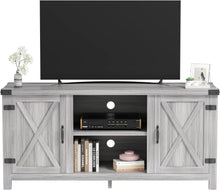 Cargar imagen en el visor de la galería, NEW TV Stand for 65 Inch TV Farmhouse Entertainment Center with Double Barn Doors and Storage Cabinets, Console TV Table Media for Living Room, Bedroom (Grey, Without Fireplace)