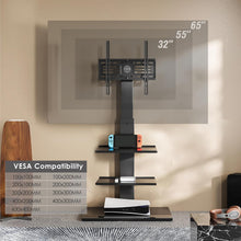 Cargar imagen en el visor de la galería, FITUEYES Iron Base Universal Floor TV Stand with Swivel Mount Space Saving for 32-65 Inch LED LCD OLED Plasma Flat Panel or Curved Screen TVs Height Adjustable Wire Management with 2 Shelves Black
