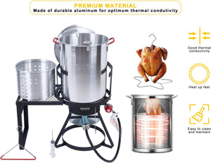 Fire Riot 30 Qt Heavy Gauge Aluminum Turkey Deep Fryer Pot with Injector and Thermometer Kit and 50, 000 BTU Outdoor Propane Stove Burner Stand for Turkey and Seafood Boils