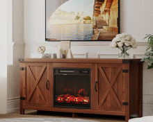 Cargar imagen en el visor de la galería, Fireplace TV Stand with Double Barn Doors Storage Cabinets for TVs to 65+ Inch, Farmhouse TV Entertainment Centerwith Cabinet and Shelves for Living Room (Walnut, with Fireplace)