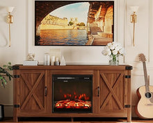 Cargar imagen en el visor de la galería, Fireplace TV Stand with Double Barn Doors Storage Cabinets for TVs to 65+ Inch, Farmhouse TV Entertainment Centerwith Cabinet and Shelves for Living Room (Walnut, with Fireplace)