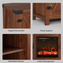 Cargar imagen en el visor de la galería, Fireplace TV Stand with Double Barn Doors Storage Cabinets for TVs to 65+ Inch, Farmhouse TV Entertainment Centerwith Cabinet and Shelves for Living Room (Walnut, with Fireplace)