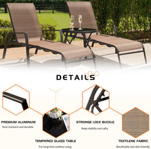 Cargar imagen en el visor de la galería, Adjustable Patio Chaise Lounge Set 3 Pieces Textiline Outdoor Foldable Metal Reclining Chairs with Sturdy Glass Top Bistro Table for Beach, Poolside, Backyard, Porch (Beige)