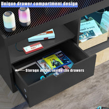 Cargar imagen en el visor de la galería, NEW TV Stand Entertainment Center Gaming TV Stand for 65+ Inch TV with Carbon Fiber Top, Dynamic RGB Modes TV Cabinet Game Console with Adjustable Glass Shelves Storage Drawers (Black)