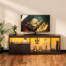 Cargar imagen en el visor de la galería, NEW TV Stand Entertainment Center Gaming TV Stand for 65+ Inch TV with Carbon Fiber Top, Dynamic RGB Modes TV Cabinet Game Console with Adjustable Glass Shelves Storage Drawers (Black)