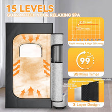 Cargar imagen en el visor de la galerรญa, Portable Steam Sauna for Home - 1200W 3L Fast Heating Sauna Box with Remote Control, 15-Level Foldable Design, Includes Folding Chair (Black)