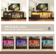 Cargar imagen en el visor de la galería, NEW TV Stand Entertainment Center Gaming TV Stand for 65+ Inch TV with Carbon Fiber Top, Dynamic RGB Modes TV Cabinet Game Console with Adjustable Glass Shelves Storage Drawers (Black)