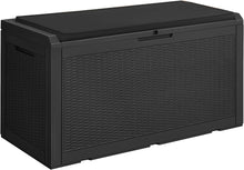 Cargar imagen en el visor de la galería, NEW 100 Gallon Waterproof Large Resin Deck Box Outdoor Storage Box Indoor Lockable Storage Container with Cushion for Patio Furniture Garden Pool Cushions (Black)