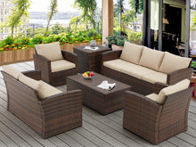Cargar imagen en el visor de la galería, NEW 7 Seats Patio Furniture Set with Two Storage Boxes, Outdoor Rattan Conversation Set,All-Weather PE Wicker Sectional Sofa Outdoor Furniture for Garden, Backyard, Deck, Brown Rattan&Beige