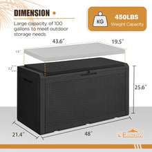 Cargar imagen en el visor de la galería, NEW 100 Gallon Waterproof Large Resin Deck Box Outdoor Storage Box Indoor Lockable Storage Container with Cushion for Patio Furniture Garden Pool Cushions (Black)
