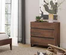 Cargar imagen en el visor de la galería, WAMPAT Nightstand with 3 Drawers for Bedroom, Modern Bedside Table with Black Square Iron Leg, Wood Rustic Side End Table for Bedroom, Brown