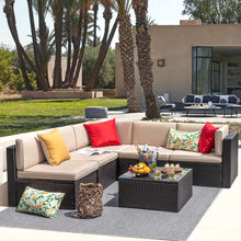 Cargar imagen en el visor de la galería, Patio Furniture Sets 6 Pieces Outdoor Sectional Rattan Sofa Manual Weaving Wicker Patio Conversation Set with Glass Table and Cushion (Beige)