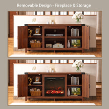 Cargar imagen en el visor de la galería, Fireplace TV Stand with Double Barn Doors Storage Cabinets for TVs to 65+ Inch, Farmhouse TV Entertainment Centerwith Cabinet and Shelves for Living Room (Walnut, with Fireplace)
