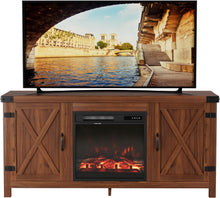 Cargar imagen en el visor de la galería, Fireplace TV Stand with Double Barn Doors Storage Cabinets for TVs to 65+ Inch, Farmhouse TV Entertainment Centerwith Cabinet and Shelves for Living Room (Walnut, with Fireplace)