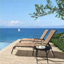 Cargar imagen en el visor de la galería, Adjustable Patio Chaise Lounge Set 3 Pieces Textiline Outdoor Foldable Metal Reclining Chairs with Sturdy Glass Top Bistro Table for Beach, Poolside, Backyard, Porch (Beige)