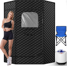 Cargar imagen en el visor de la galería, Portable Large Home Steam Sauna with 3L High Capacity Steamer, Personal Sauna Tent with Remote Control, 15 Levels Sauna Box with Folding Chair (Black, Large)
