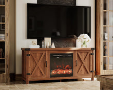 Cargar imagen en el visor de la galería, Fireplace TV Stand with Double Barn Doors Storage Cabinets for TVs to 65+ Inch, Farmhouse TV Entertainment Centerwith Cabinet and Shelves for Living Room (Walnut, with Fireplace)