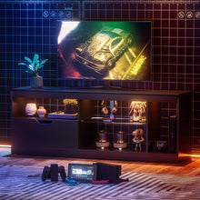 Cargar imagen en el visor de la galería, NEW TV Stand Entertainment Center Gaming TV Stand for 65+ Inch TV with Carbon Fiber Top, Dynamic RGB Modes TV Cabinet Game Console with Adjustable Glass Shelves Storage Drawers (Black)