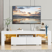 Load image into Gallery viewer, NEW TV Stand with LED Lights, Modern Entertainment Center Media and Open Shelf Console Table Storage Desk with 1 Drawer and Remote Control 20 Color LED Lights up to 70 Inch TV (White)