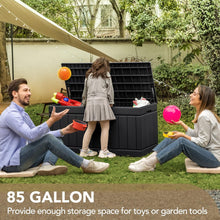 Load image into Gallery viewer, NEW 85 Gallon Deck Box Lockable Resin Outdoor Storage Box waterproof Outdoor Container for Patio Furniture Cushions, Pillow and Pool Toys (Black)