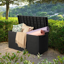 Cargar imagen en el visor de la galería, NEW 100 Gallon Waterproof Large Resin Deck Box Outdoor Storage Box Indoor Lockable Storage Container with Cushion for Patio Furniture Garden Pool Cushions (Black)