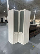 Cargar imagen en el visor de la galería, L-Shape Wardrobe Armoire Closet with Hanging Rod & Shelf, Bedroom Armoire with Frosted Glass Doors, Clothes Wardrobe with Gold Knob, Wood Grain