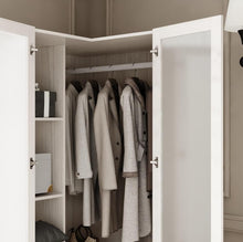 Cargar imagen en el visor de la galería, L-Shape Wardrobe Armoire Closet with Hanging Rod & Shelf, Bedroom Armoire with Frosted Glass Doors, Clothes Wardrobe with Gold Knob, Wood Grain