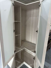 Cargar imagen en el visor de la galería, L-Shape Wardrobe Armoire Closet with Hanging Rod & Shelf, Bedroom Armoire with Frosted Glass Doors, Clothes Wardrobe with Gold Knob, Wood Grain