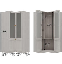 Cargar imagen en el visor de la galería, L-Shape Wardrobe Armoire Closet with Hanging Rod & Shelf, Bedroom Armoire with Frosted Glass Doors, Clothes Wardrobe with Gold Knob, Wood Grain