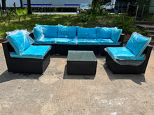 Cargar imagen en el visor de la galería, New 7-Piece Patio Furniture Set - Outdoor Sectional Sofa Set with Cushions and Glass-Top Coffee Table for Gardens, Poolside, Backyards and Porches, Black/Blue