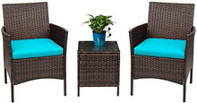 Cargar imagen en el visor de la galería, Brand New 3 Pieces PE Rattan Wicker Chairs with Table Outdoor Garden Furniture Sets (Brown/Blue)