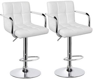 Bar Stools Set of 2 Modern Square PU Leather Adjustable BarStools Counter Height Stools with Arms and Back Bar Chairs 360° Swivel Stool White