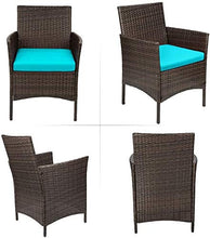 Cargar imagen en el visor de la galería, Brand New 3 Pieces PE Rattan Wicker Chairs with Table Outdoor Garden Furniture Sets (Brown/Blue)