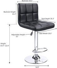 Cargar imagen en el visor de la galería, Modern PU Leather Adjustable Swivel Barstools, Armless Hydraulic Kitchen Counter Bar Stools Synthetic Leather Extra Height Square Island Bar Stool with Back Set of 2(Black)