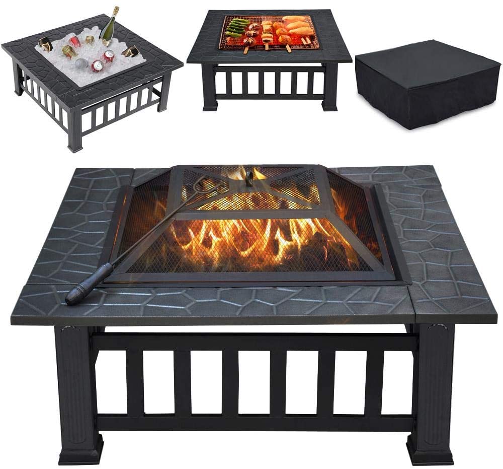 Brand New 32in Outdoor Metal Firepit Square Table Backyard Patio Garden Stove Wood Burning Fire Pit with Spark Screen, Log Poker and Cover
