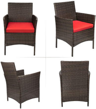 Cargar imagen en el visor de la galería, Brand New 3 Pieces PE Rattan Wicker Chairs with Table Outdoor Garden Furniture Sets (Brown/Red)