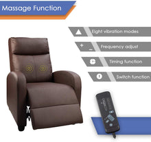 Cargar imagen en el visor de la galería, Recliner Chair with Massage Home Theater Seating PU Leather Modern Living Room Chair Padded Cushion Reclining Sofa (Brown)