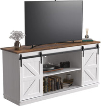 Cargar imagen en el visor de la galería, Farmhouse TV Stand for 65 Inch TV, Mid Century Modern Entertainment Center with Sliding Barn Doors and Storage Cabinets, Metal Media TV Console Table for Living Room Bedroom (White)
