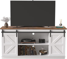 Cargar imagen en el visor de la galería, Farmhouse TV Stand for 65 Inch TV, Mid Century Modern Entertainment Center with Sliding Barn Doors and Storage Cabinets, Metal Media TV Console Table for Living Room Bedroom (White)