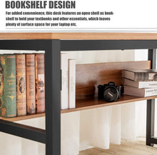 Cargar imagen en el visor de la galería, Modern 55" Computer Desk with Bookshelf/Metal Desk Grommet Hole Cable Cover (Industrial/Rustic Brown)