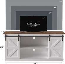 Load image into Gallery viewer, Farmhouse TV Stand for 65 Inch TV, Mid Century Modern Entertainment Center with Sliding Barn Doors and Storage Cabinets, Metal Media TV Console Table for Living Room Bedroom (White)
