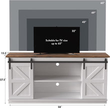 Cargar imagen en el visor de la galería, Farmhouse TV Stand for 65 Inch TV, Mid Century Modern Entertainment Center with Sliding Barn Doors and Storage Cabinets, Metal Media TV Console Table for Living Room Bedroom (White)