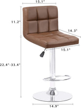 Cargar imagen en el visor de la galería, Modern PU Leather Adjustable Swivel Barstools, Armless Hydraulic Kitchen Counter Bar Stools Synthetic Leather Extra Height Square Island Bar Stool with Back Set of 2(Brown)